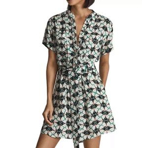 REISS NIKKI GREEN WHITE AND BLACK VINTAGE FLORAL PRINTED SHIRT MINI DRESS  US 12